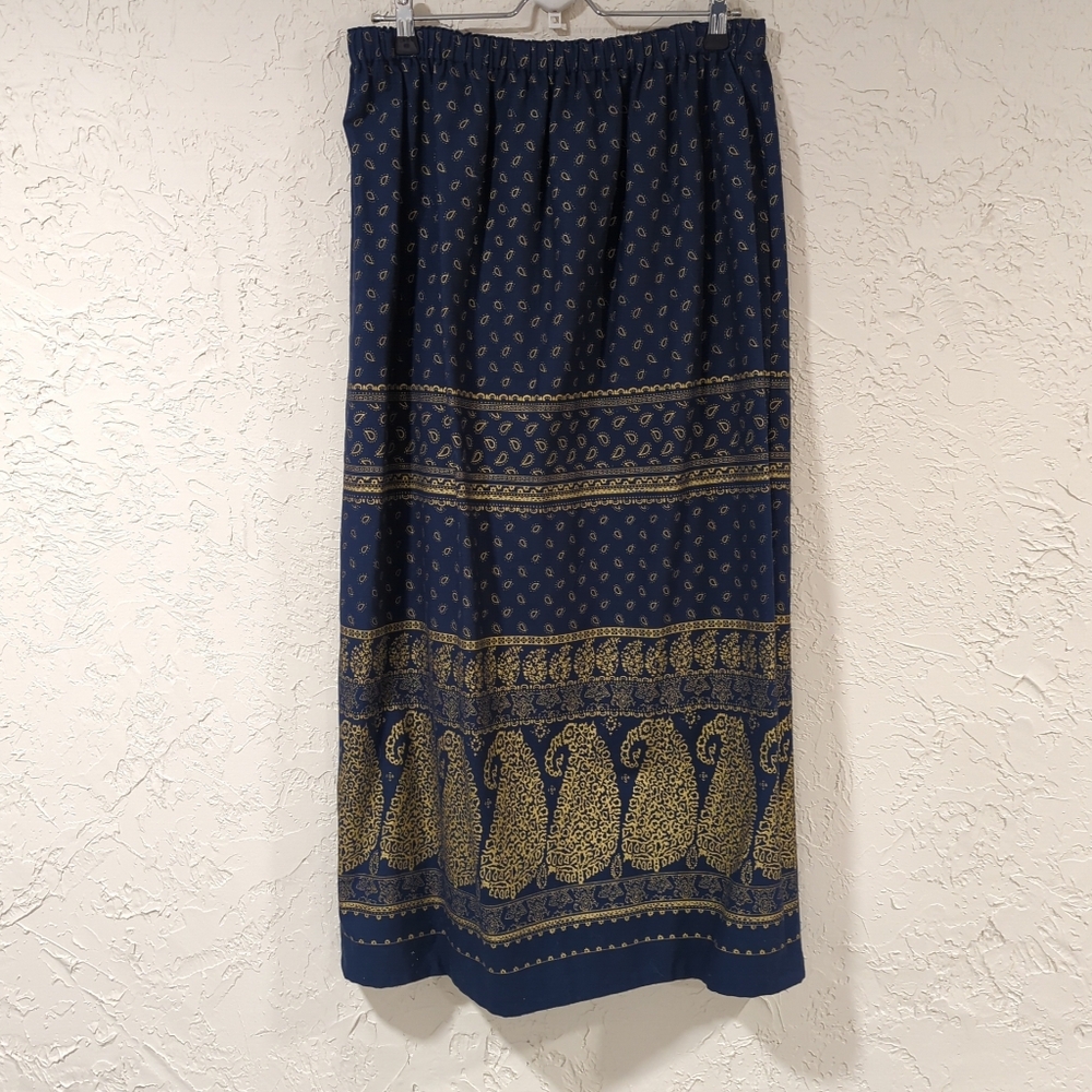 Handmade Elegant Navy and Gold Print Maxi Skirt - Women's 12/14 Paisley Boho